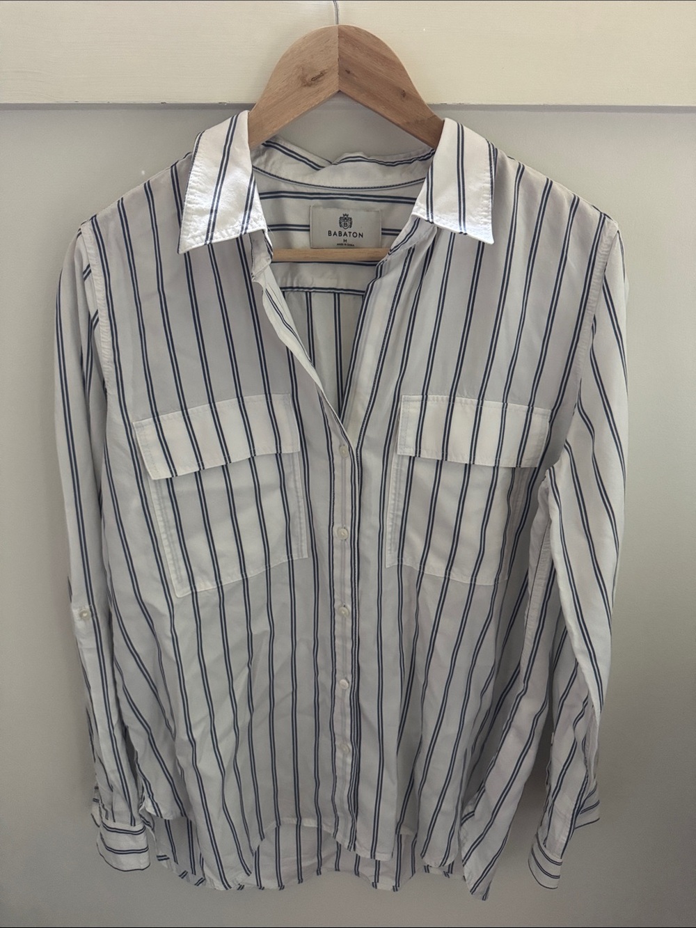 Aritzia Babaton Striped Utility Shirt White Navy Blue 100% Lyocell Button Up M